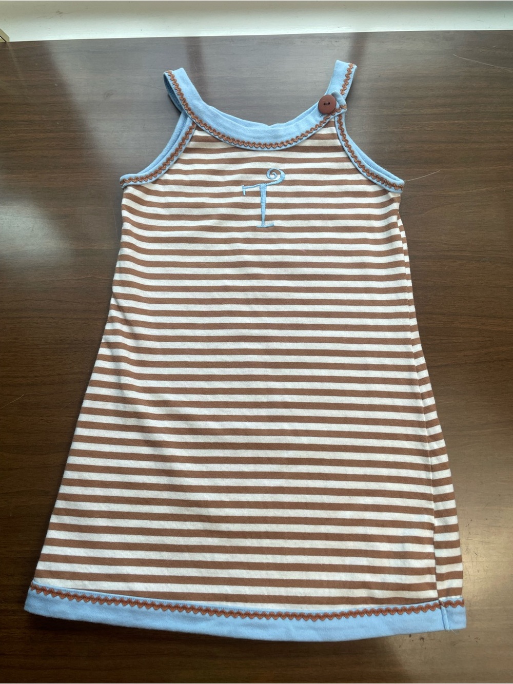 Brown & White Striped Tank Dress with Light Blue Trim and embroidered “T”